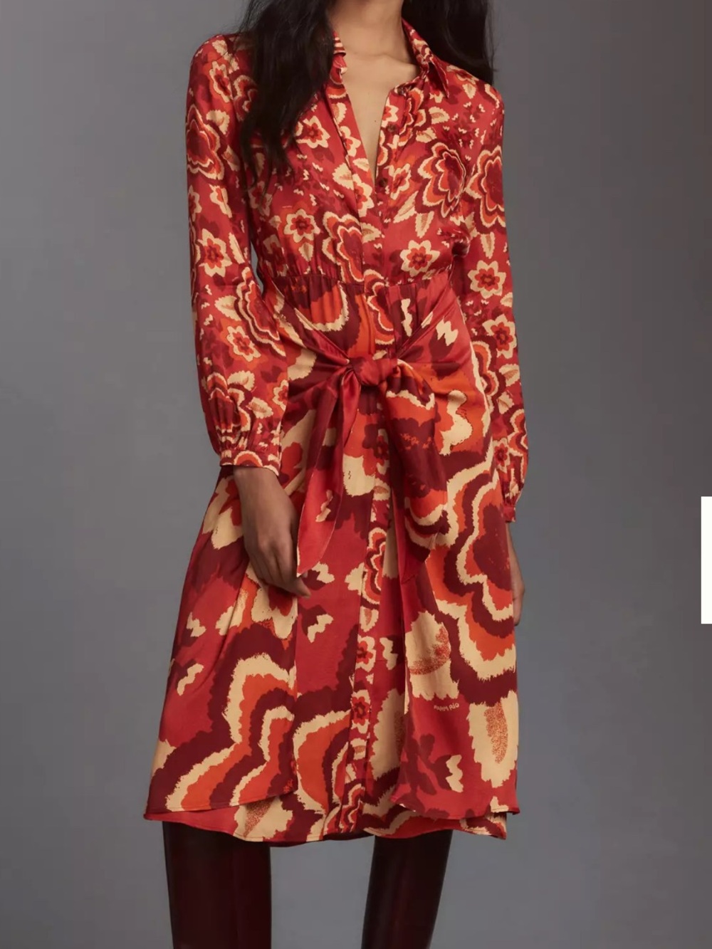 New FARM Rio Anthropologie Long-Sleeve V-Neck Floral Midi Shirt wrap dress Large